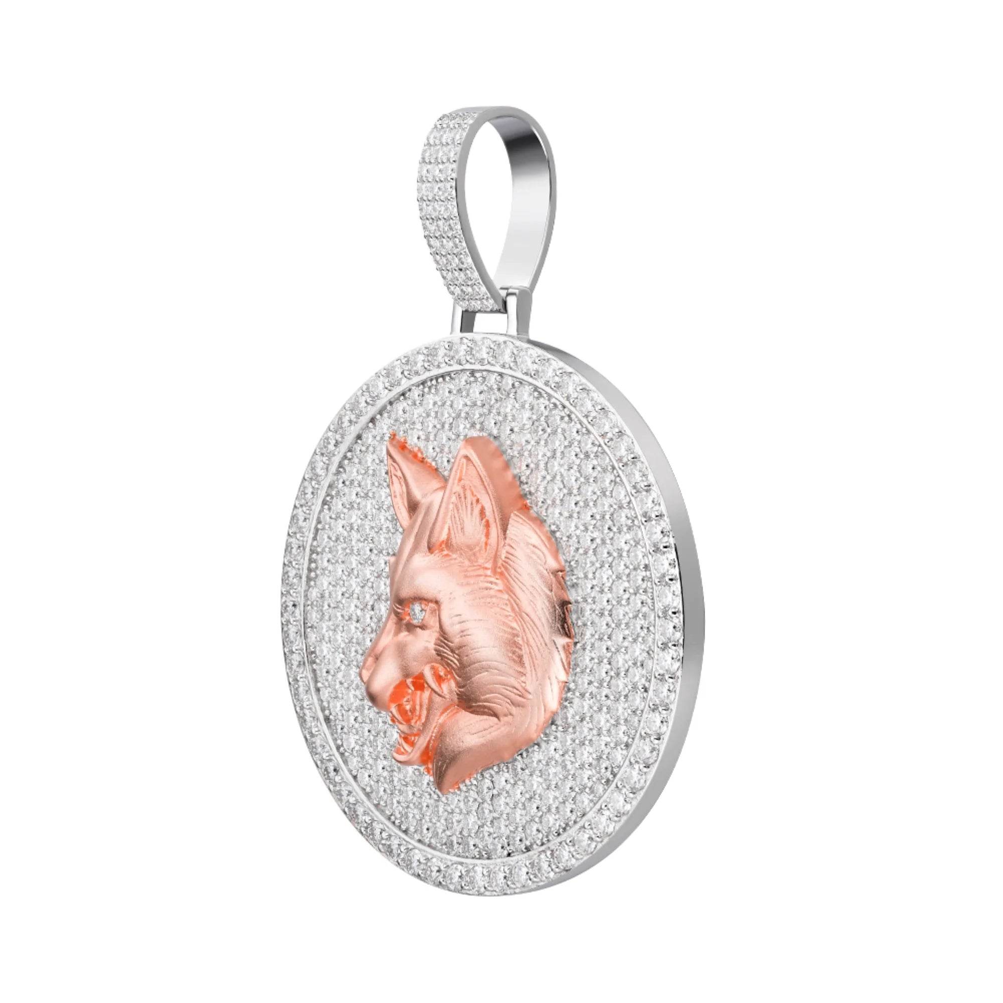14k 2 Tone Rose Wolf Pendant Moissanite 925 Charm